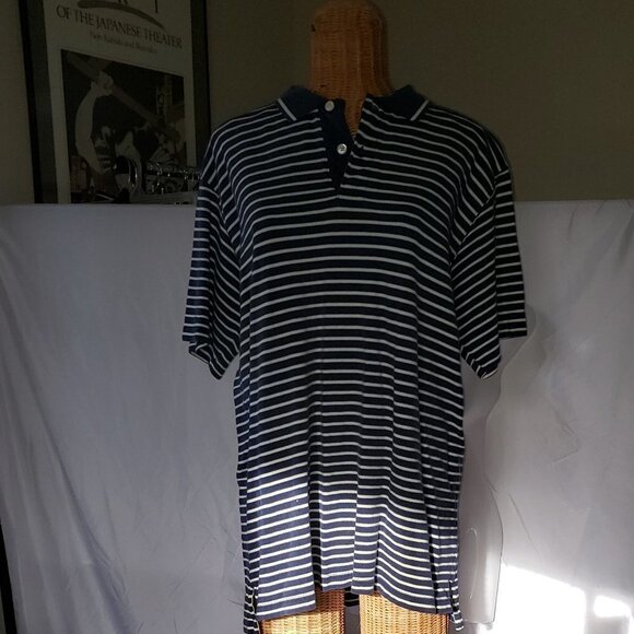 Vintage Men's J CREW Striped Polo Shirt in Navy Blue - L - Picture 1 of 4